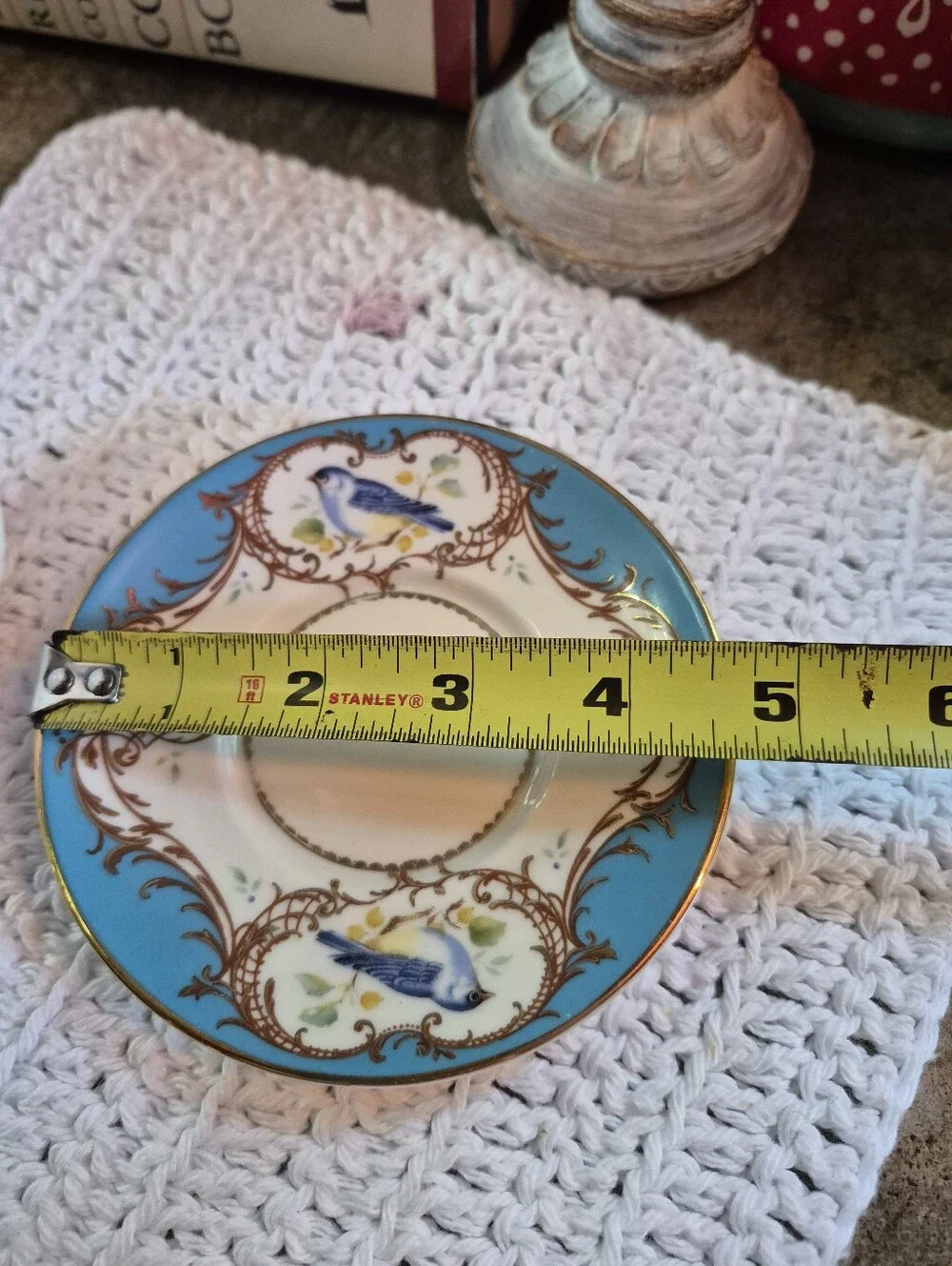 Vtg Gracie China Coastline Imports Teacup & Saucer Gold Scroll Blue Bird Pattern
